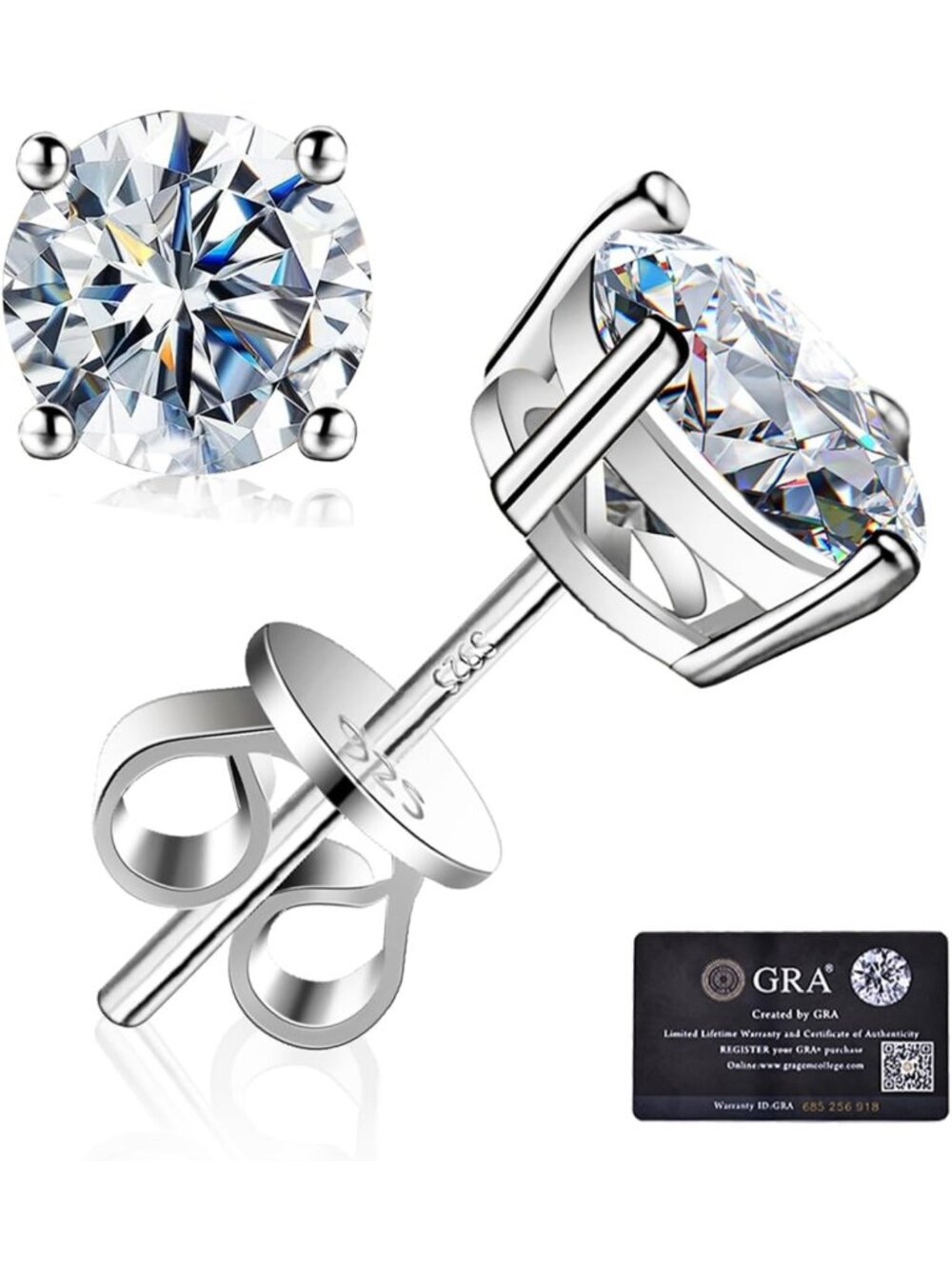 Moissanite Stud Earrings in 925 Sterling Silver, 18K White Gold Plated, Wedding